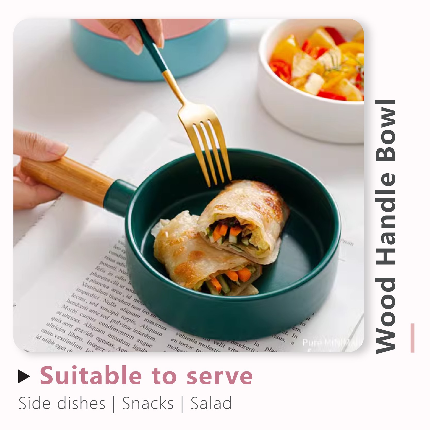 Wood handle bowl for restaurant food presentation and branded dining setup